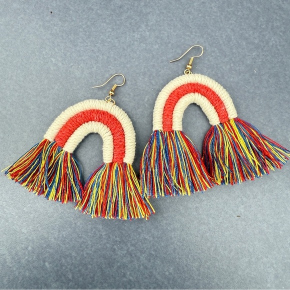 Colorful Macrame Rainbow Tassel Earrings Red Yellow Blue - Picture 8 of 12